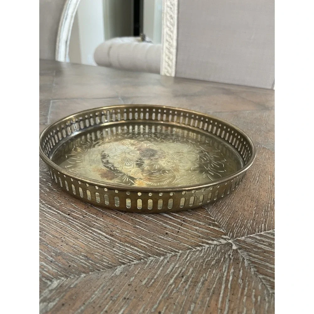 Vtg Brass Tray Etched Floral Design Reticulated Sides Boho 8.25